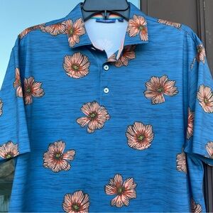 Devereux Blue with Allover Orange Flowers Golf Polo M